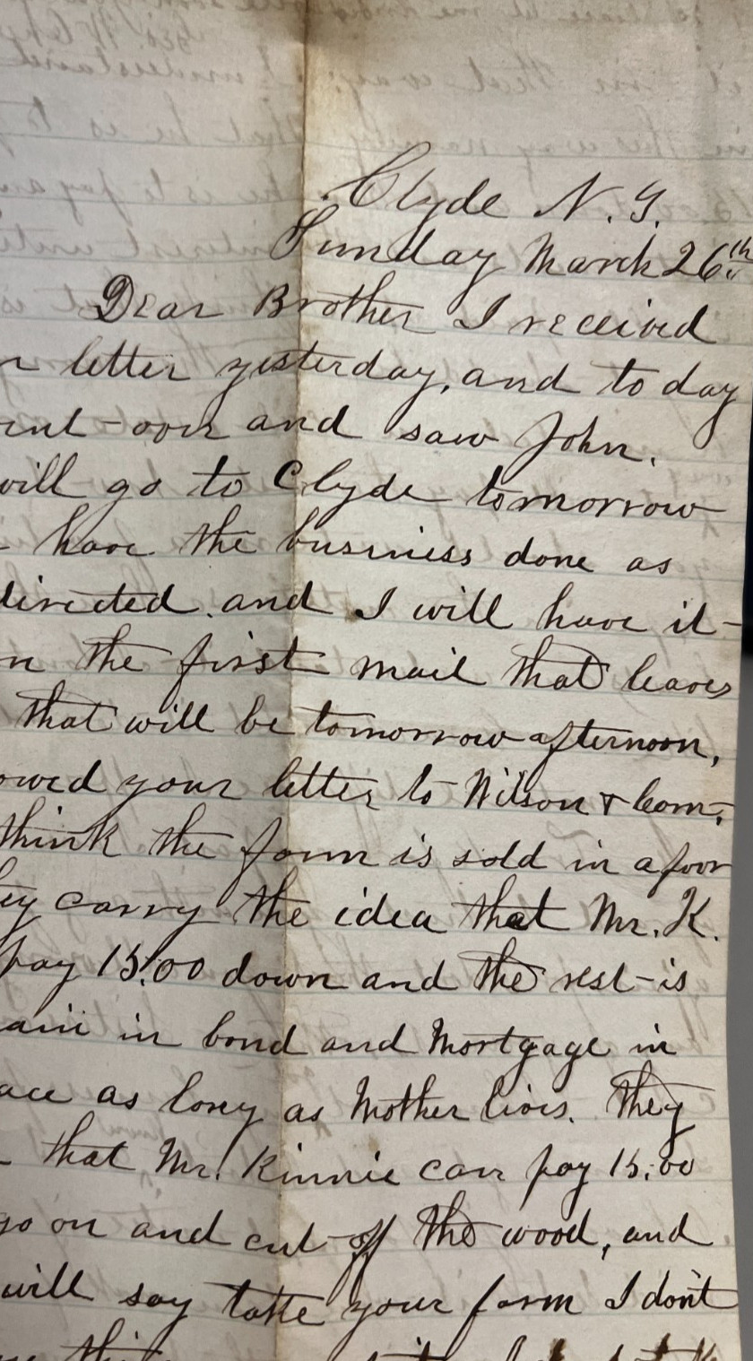 1890s Clyde NY To Brother Regarding Thick Heads Farm Sale & Seeking Employment