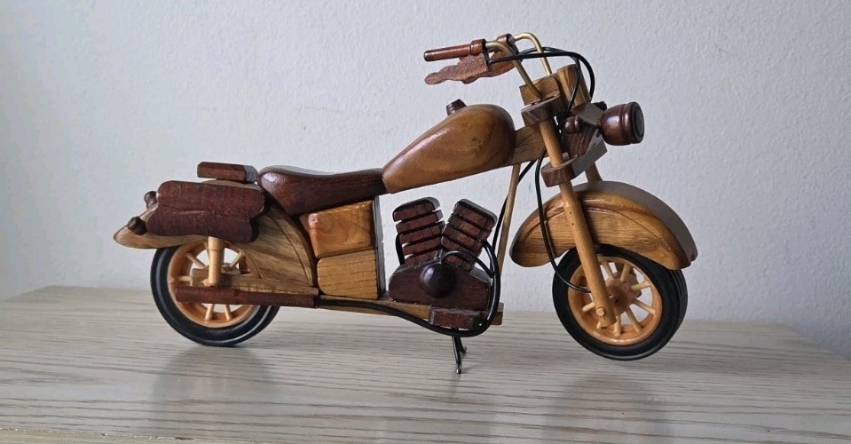Handcrafted Mahogany Decorative Wooden Harley Motorcycle Bike 12”Long Detailed