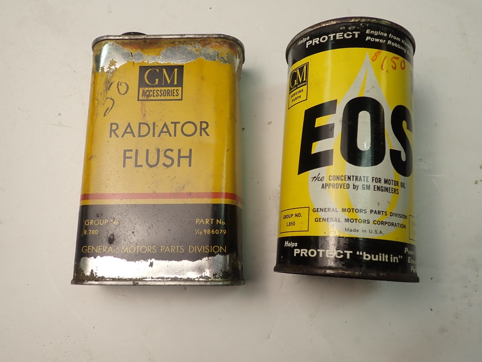 2 Vintage 1940s 1950s GM Radiator Flush & EOS Cans for Display Still Full