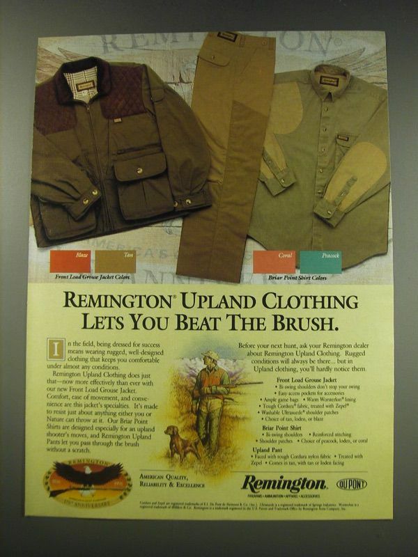 1991 Remington Upland Clothing Ad - Front Load Grouse Jacket, Briar Point Shirt