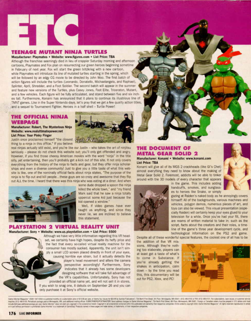 Game Informer Magazine Page TMNT Metal Gear Solid 2 PlayStation 2 VR Ad 2002