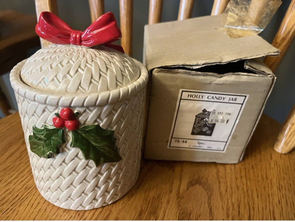 VINTAGE Otagiri Christmas Holly Candy Jar NEW OLD STOCK 1983, RARE XMAS FIND
