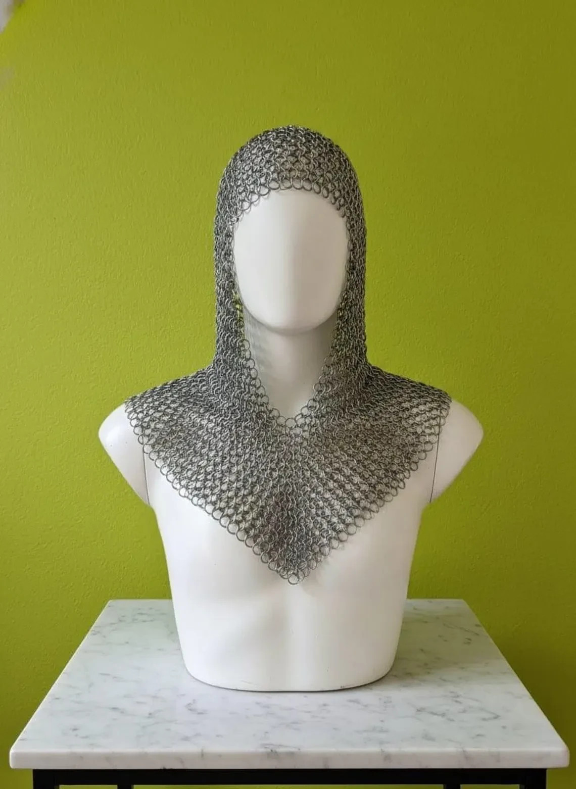 Larp Large Size Aluminum Chainmail Coif, Butted V-Neck Hood, Anodized Halloween