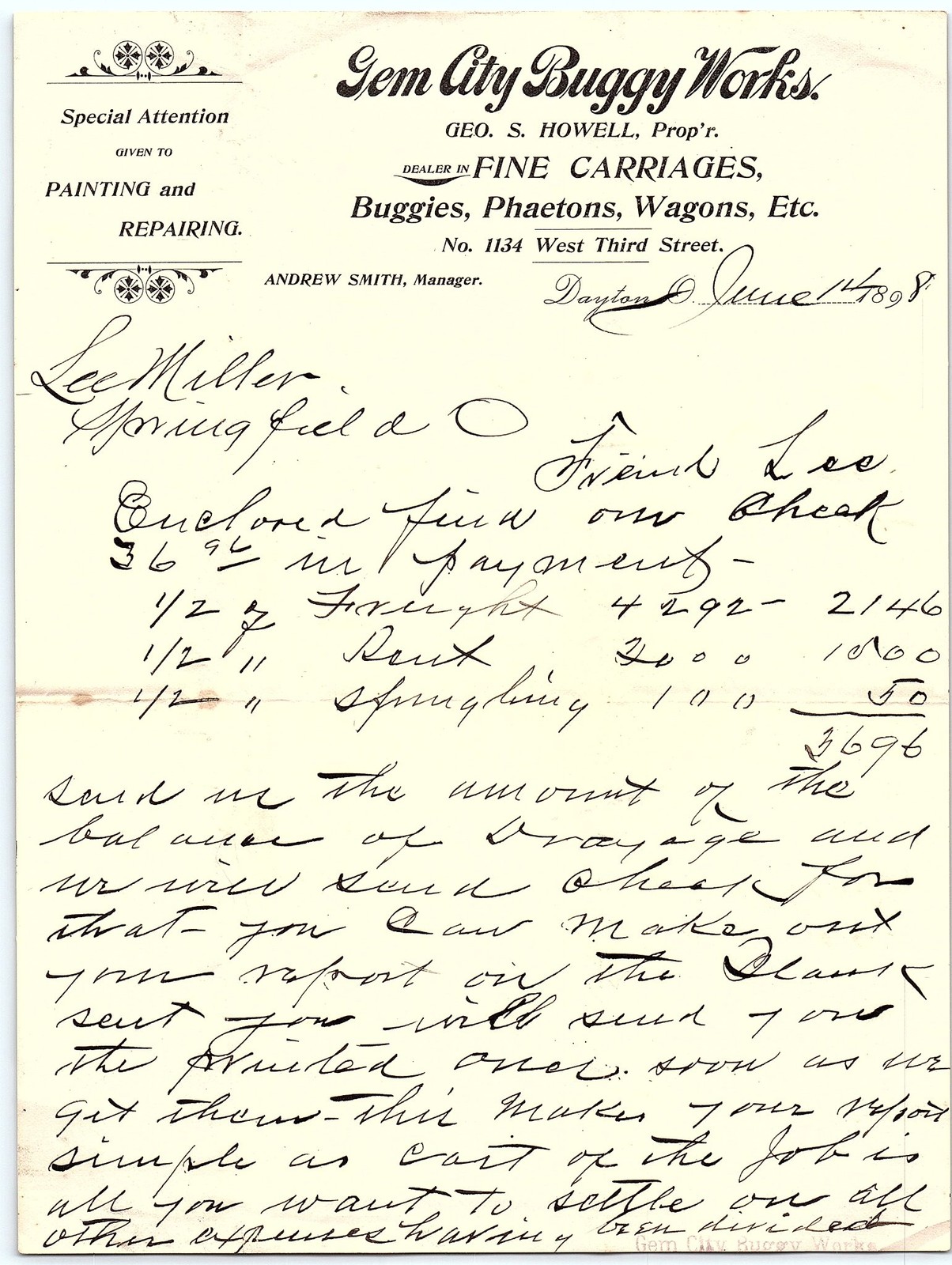 1898 Gem City Buggy Works Dayton OH billhead w/letter