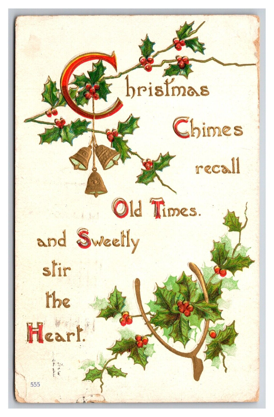 Christmas Chimes Bells Holly Wishbone Embossed DB Postcard U27