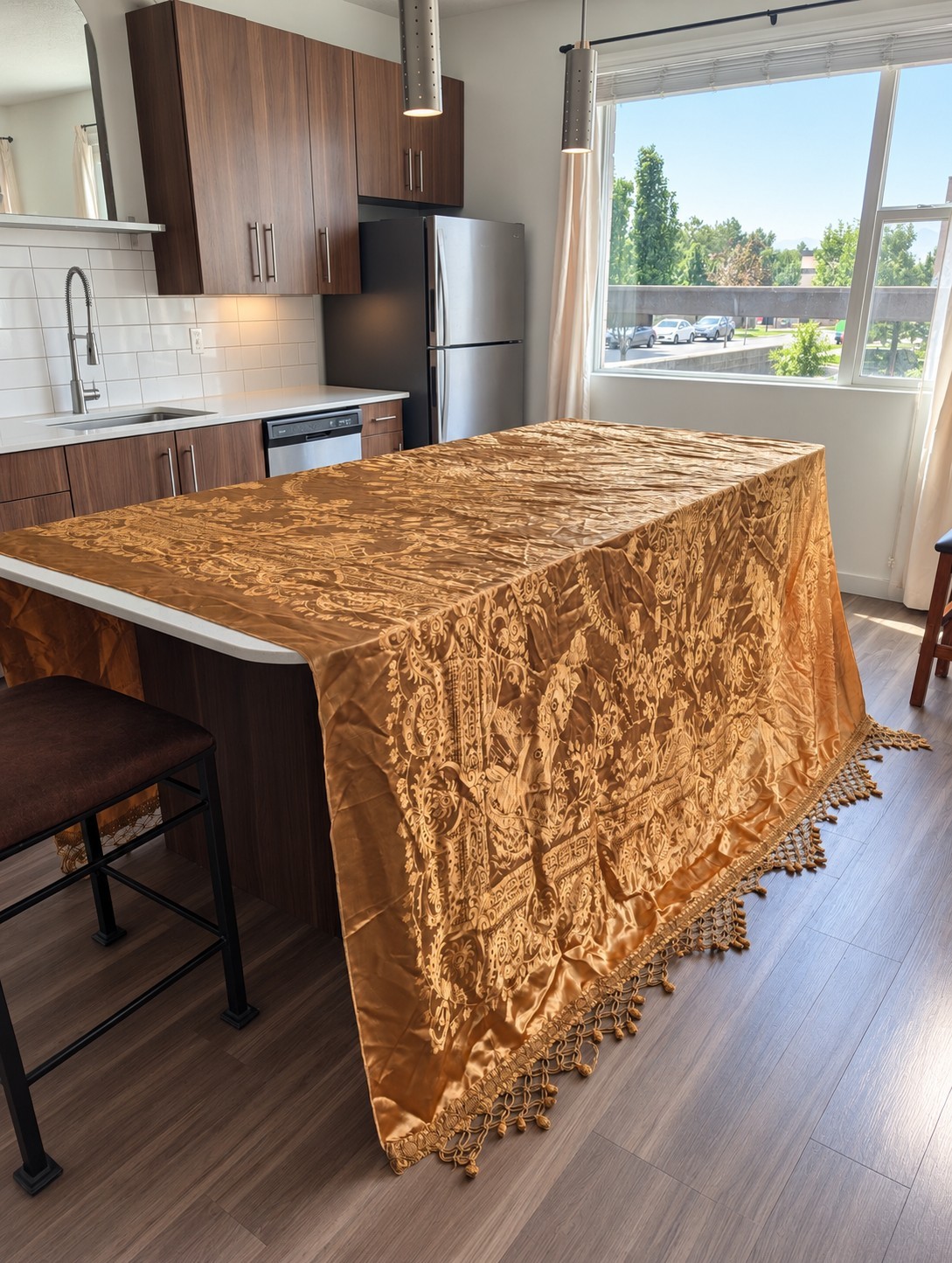 Vintage Chinoiserie Satin Jacquard Bedspread Gold Saffron 108x95 Fringe