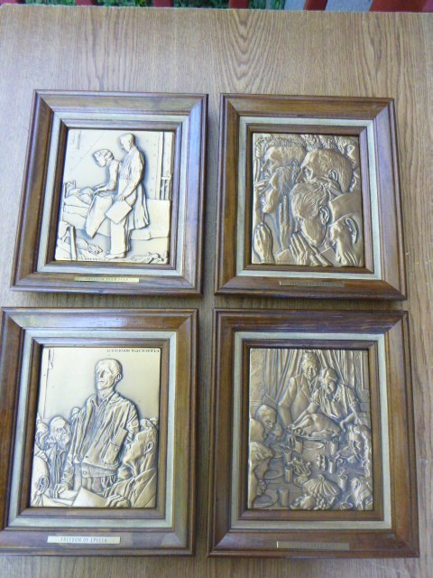 Norman Rockwell The Four Freedoms Plate Bronze Plaque Walnut Frame SET 1980