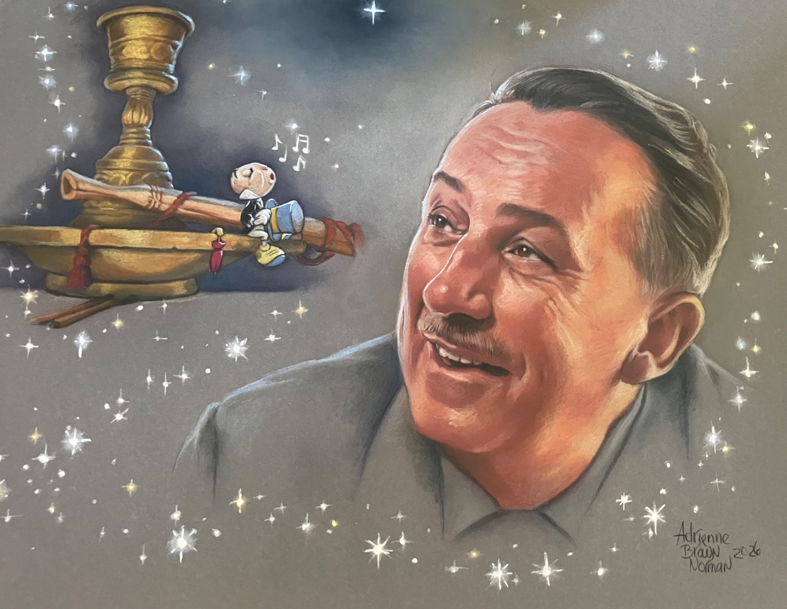 Walt Disney portrait w/Jiminy Cricket created by Adrienne Brown from D23 2026