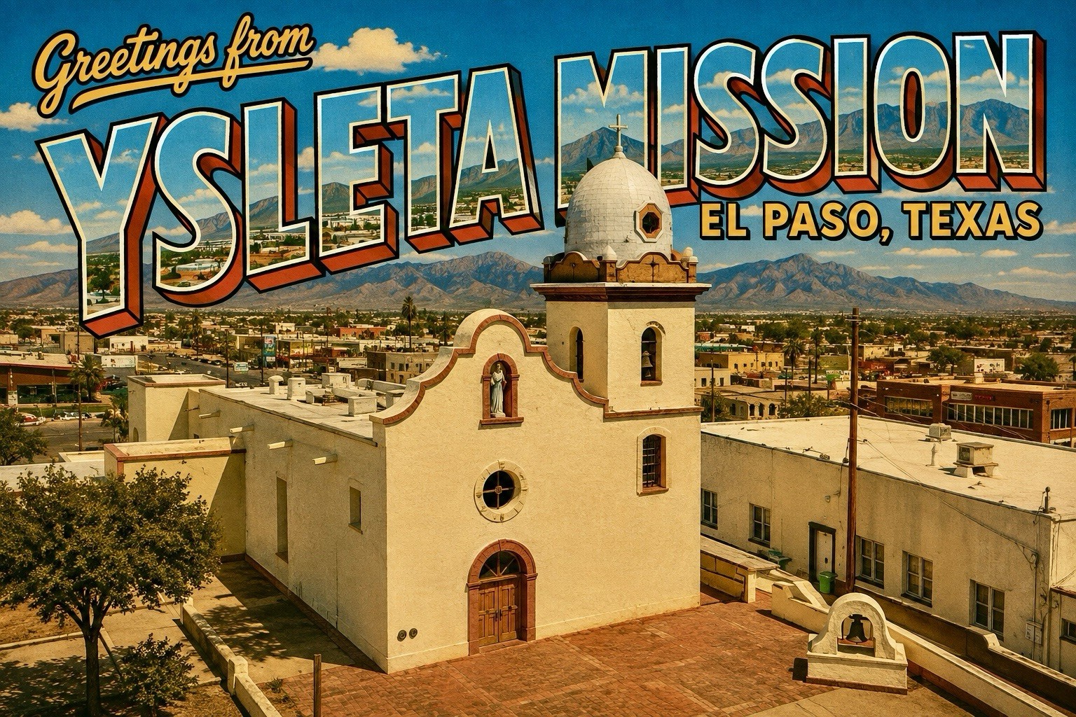 Greetings From Ysleta mission El Paso texas Modern Postcard 4x6 C956
