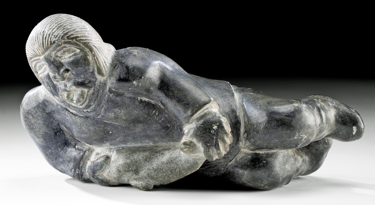 BIG Vintage Signed Tuukak Kiatainaq Inuit Soapstone carving of Seal Hunter 11 in
