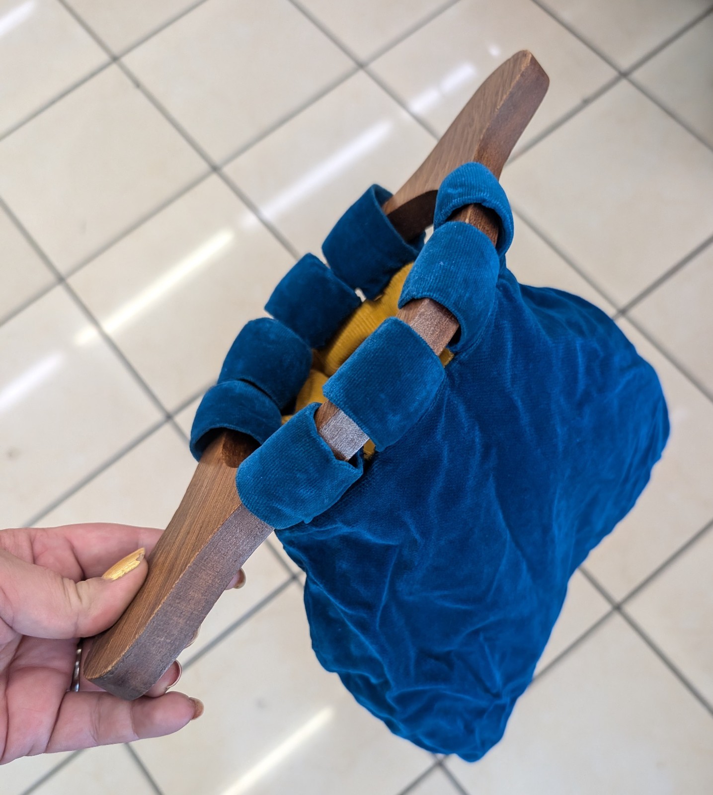 Vintage Tithe  Church Donation Blue Yellow Velvet Basket With Wood Handle