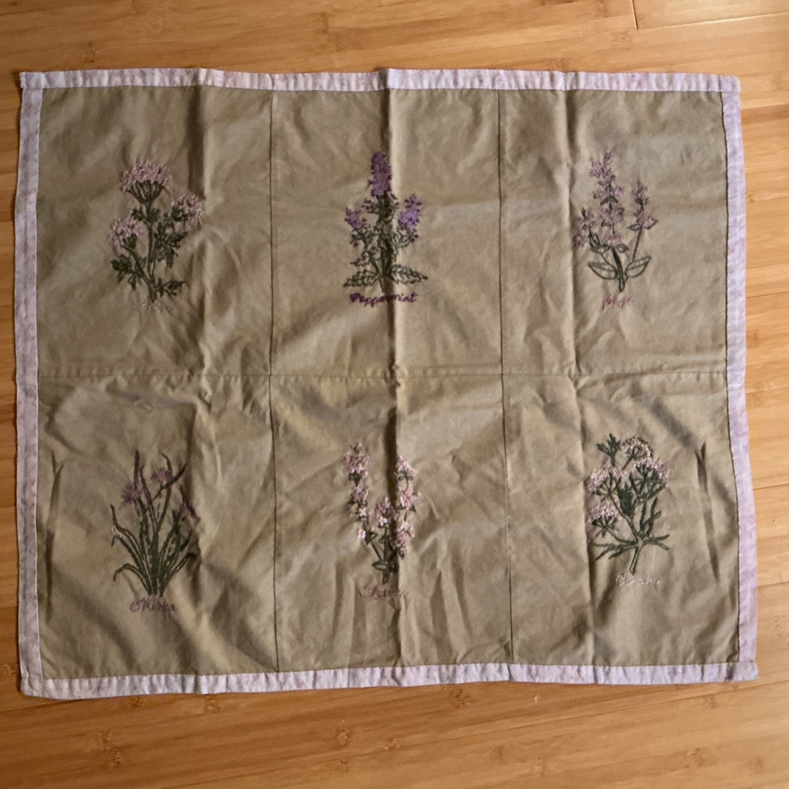 Vintage Small Embroidered Flowering Herbs Cottage Tablecloth 24