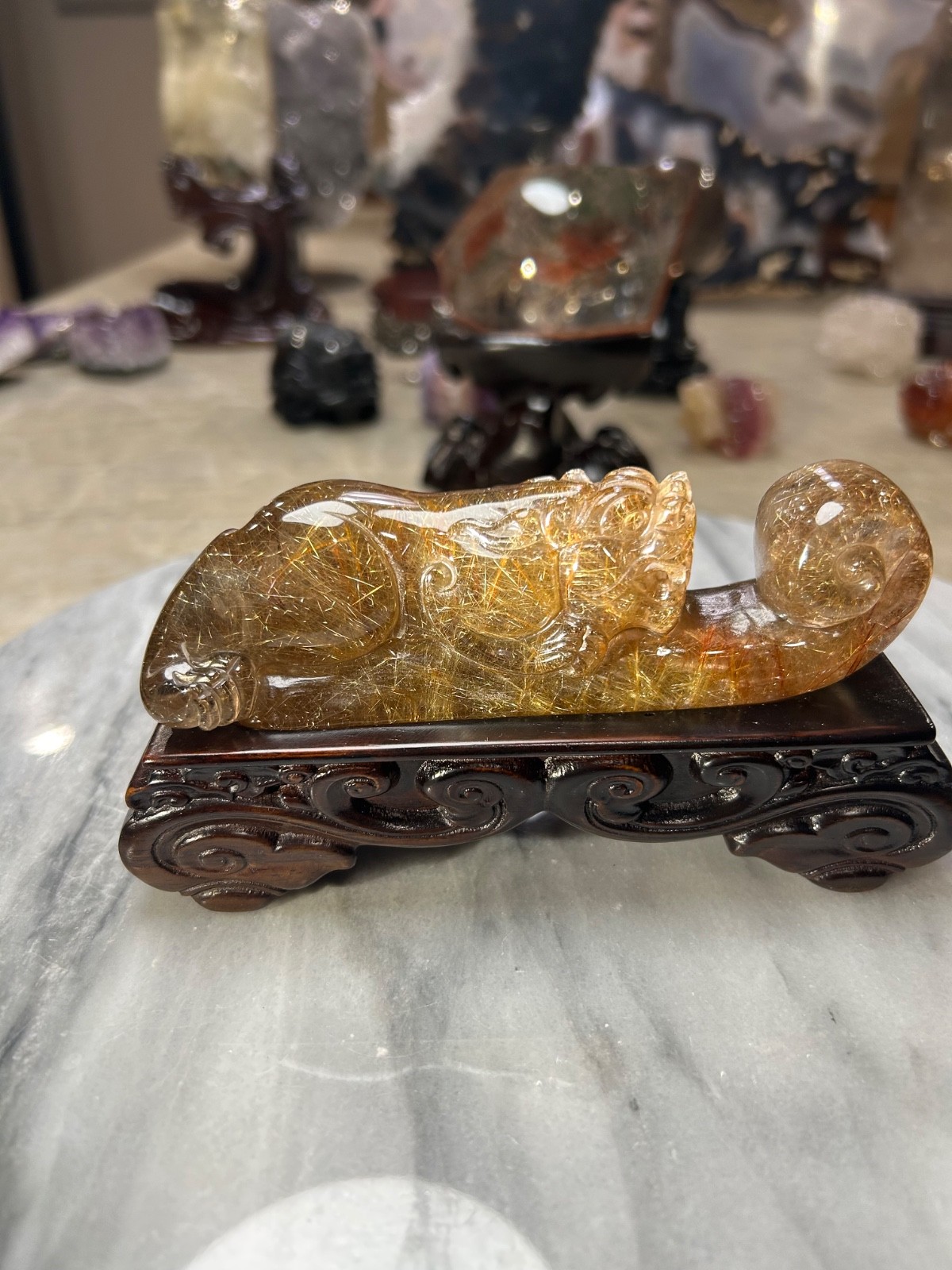 Top Natural Rutilated quartz Crystal pixiu Dragon on sandalwood stand