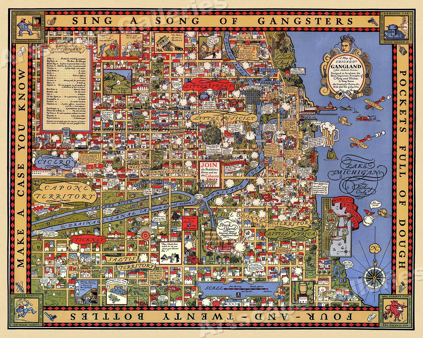 1931 Chicago Gangland Map Historic Vintage Style Wall Gangster Map - 24x30