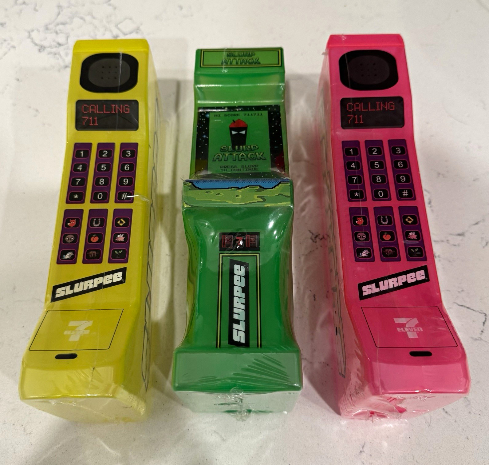 NEW 7-Eleven Slurpee 3 Cup Lot Shrink Wrapped with Straws Retro Phone Arcade