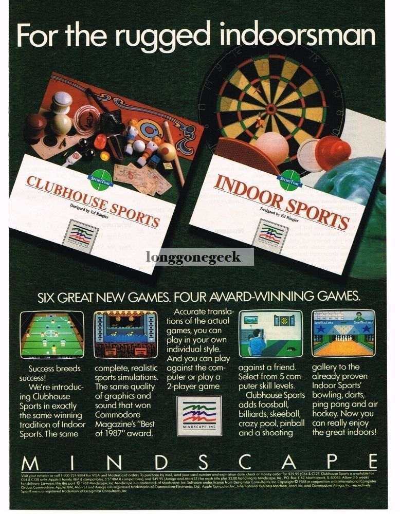 1988 Mindscape Clubhouse Indoor Sports Computer Video game Vintage Ad 