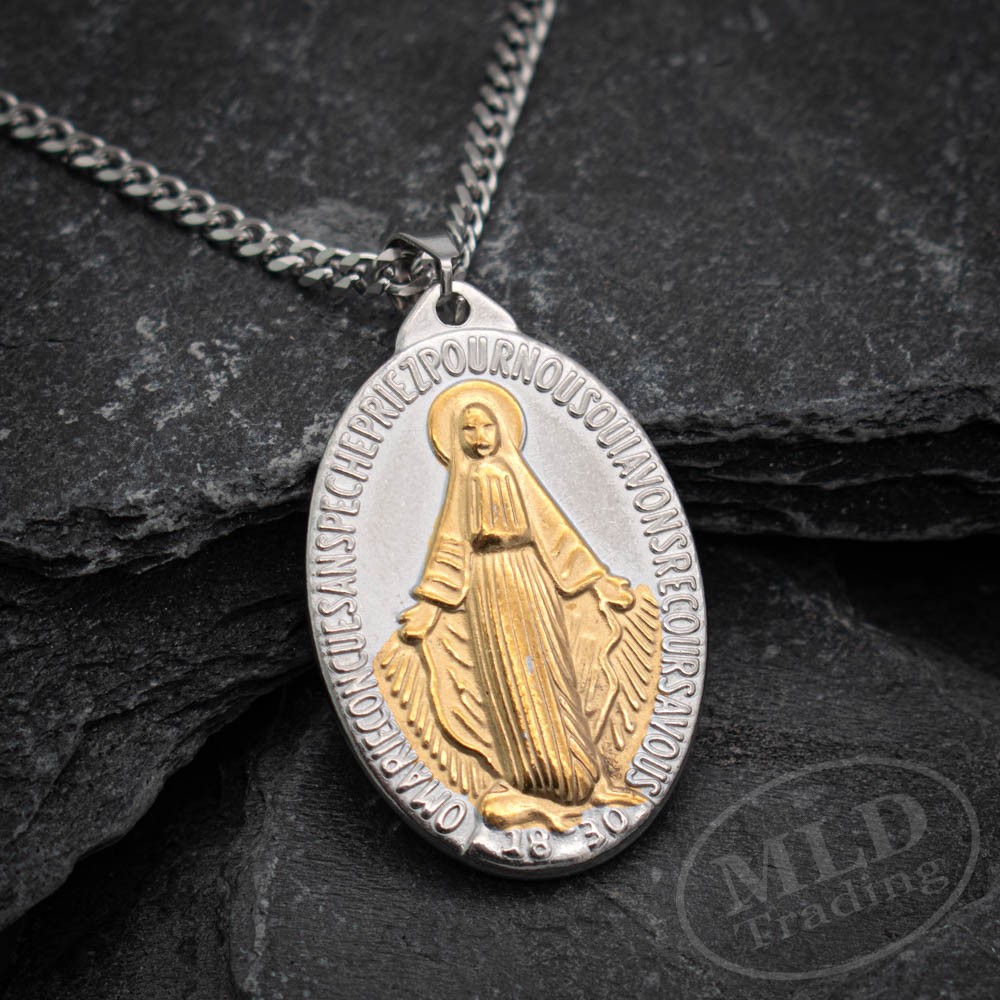 Stainless Steel St Mary Miraculous Medal Pendant Necklace – 1-3/4