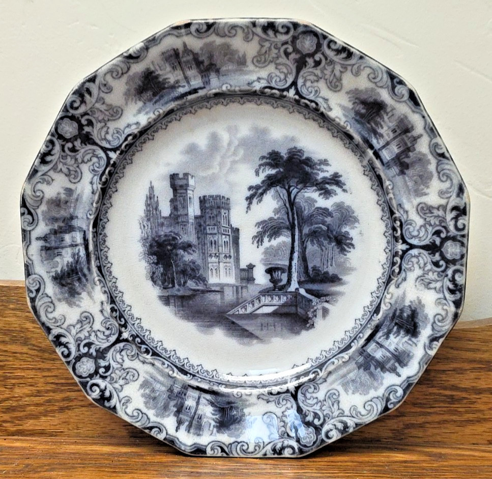 JAMES EDWARDS ENGLAND FOLIAGE MULBERRY BLACK TRANSFERWARE PLATE ANTIQUE 1840 UK