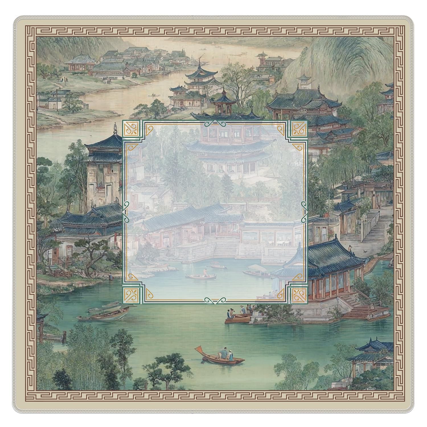 Traditional Chinese Garden Mahjong Mat, Vintage Green Chinoiserie Non-Slip No...