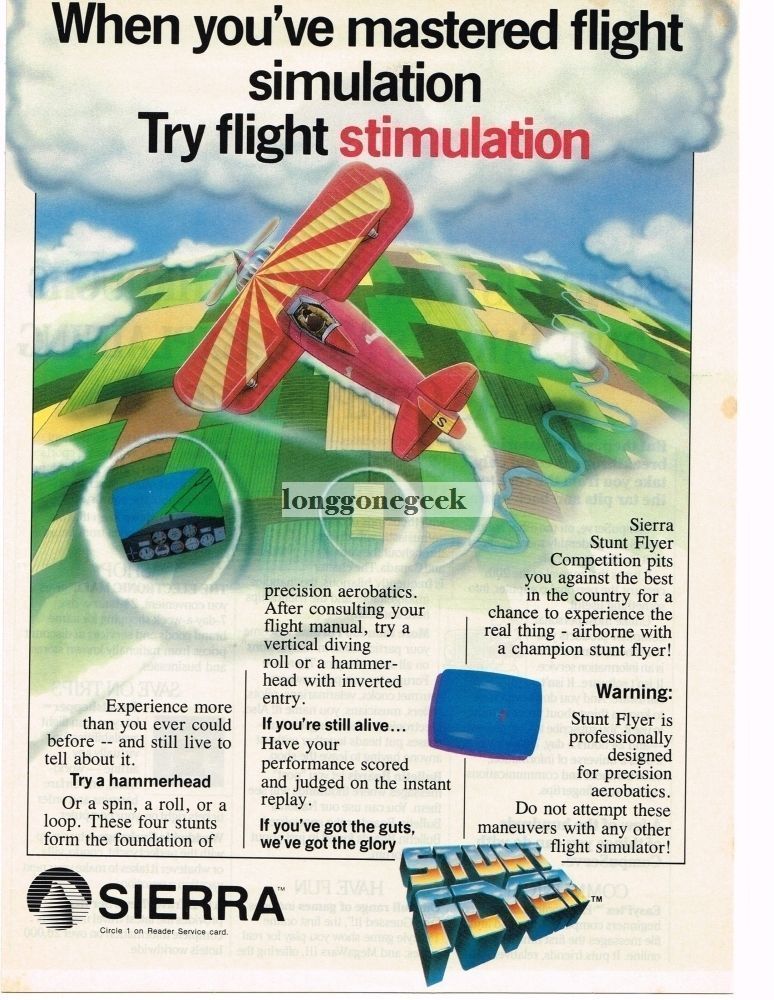1985 Sierra Stunt Flyer Flight Simulator Computer Video Game Vintage Ad 