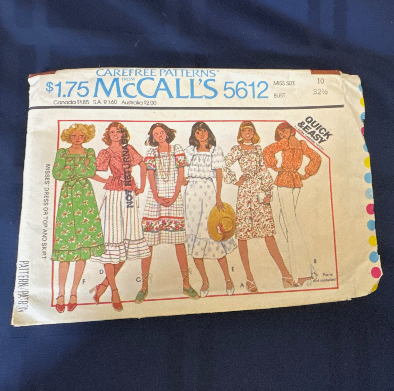 McCall's 5612 Vintage Original 1977 Dress Sewing Pattern sz10 new uncut FF