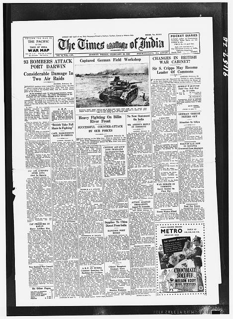 Photo:The Times of India Newspaper Front Page 1935-1942 War News Tank Ad