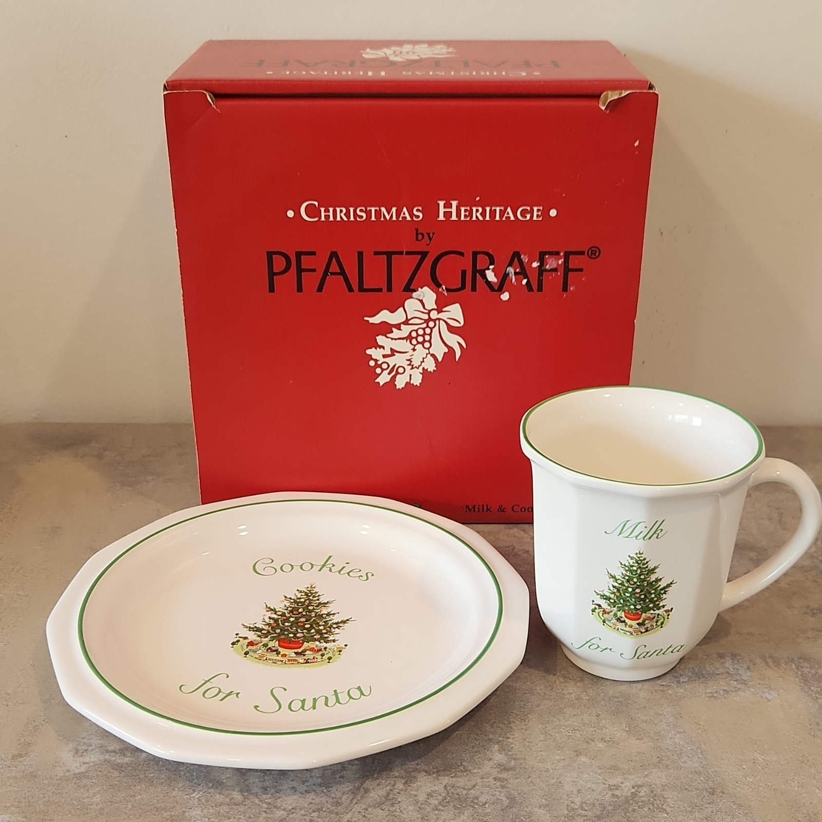 Vtg Pfaltzgraff  Christmas Heritage Cookies For Santa Plate and Milk Mug Set.