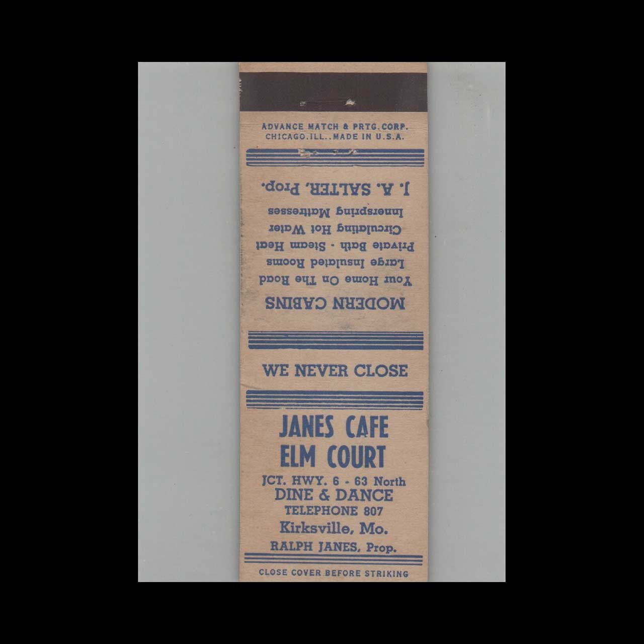 Matchbook Cover Advance Match Co. Janes Cafe & Elm Court Kirksville MO