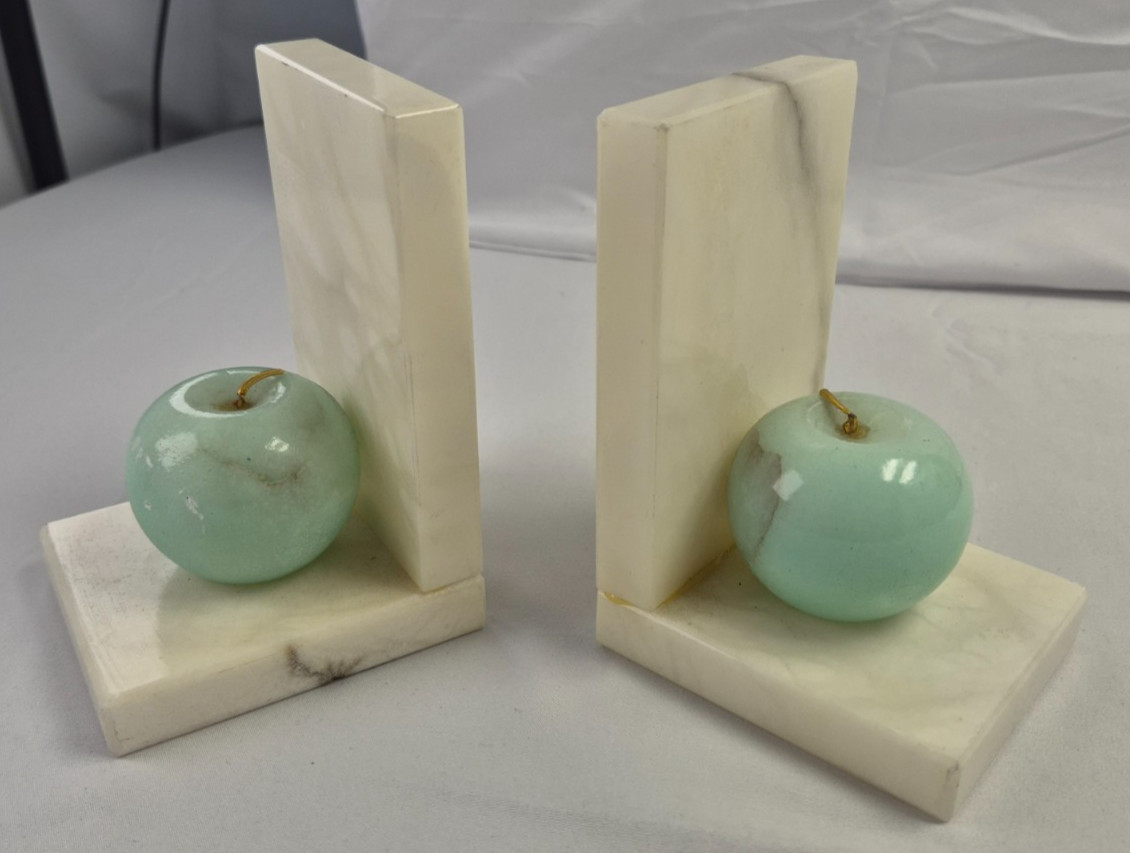 Vintage Genuine Italian Alabaster Apple Bookends Set Made in Italy Fruit Decor