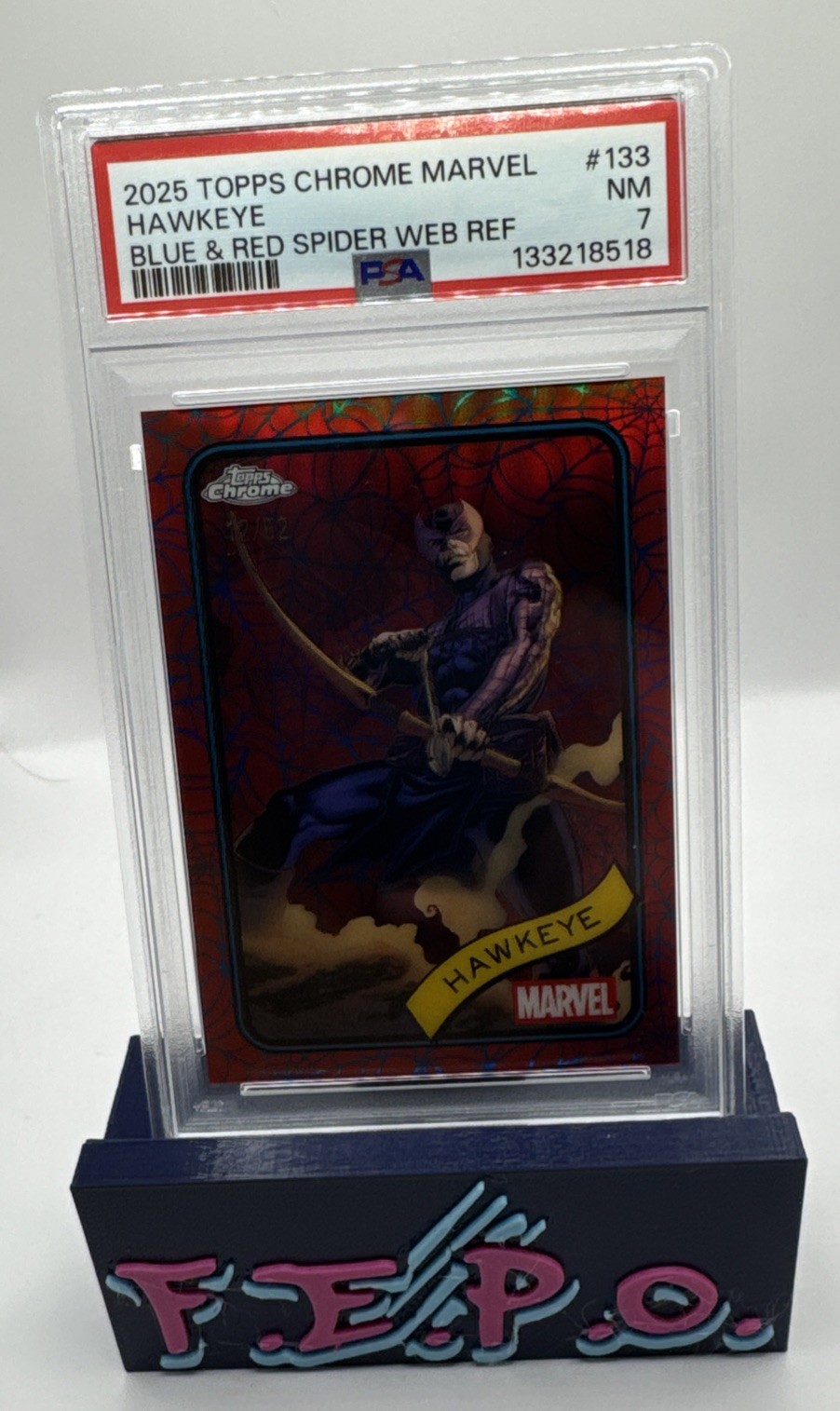 2025 Topps Chrome Marvel Blue & Red Spider Web Refractor Hawkeye 12/62 PSA 7