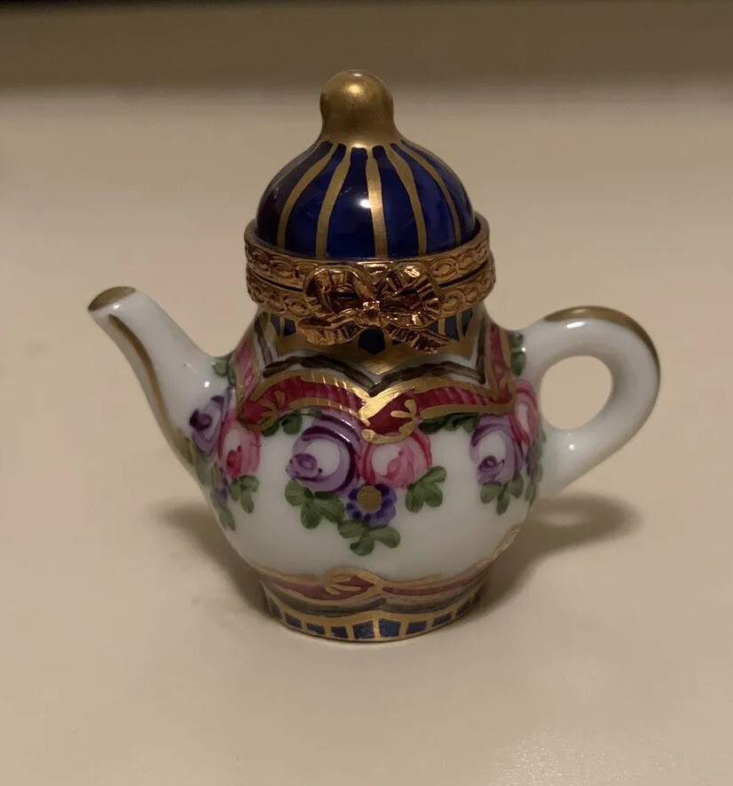 Vintage White and Blue Floral Teapot Limgoes France trinket box