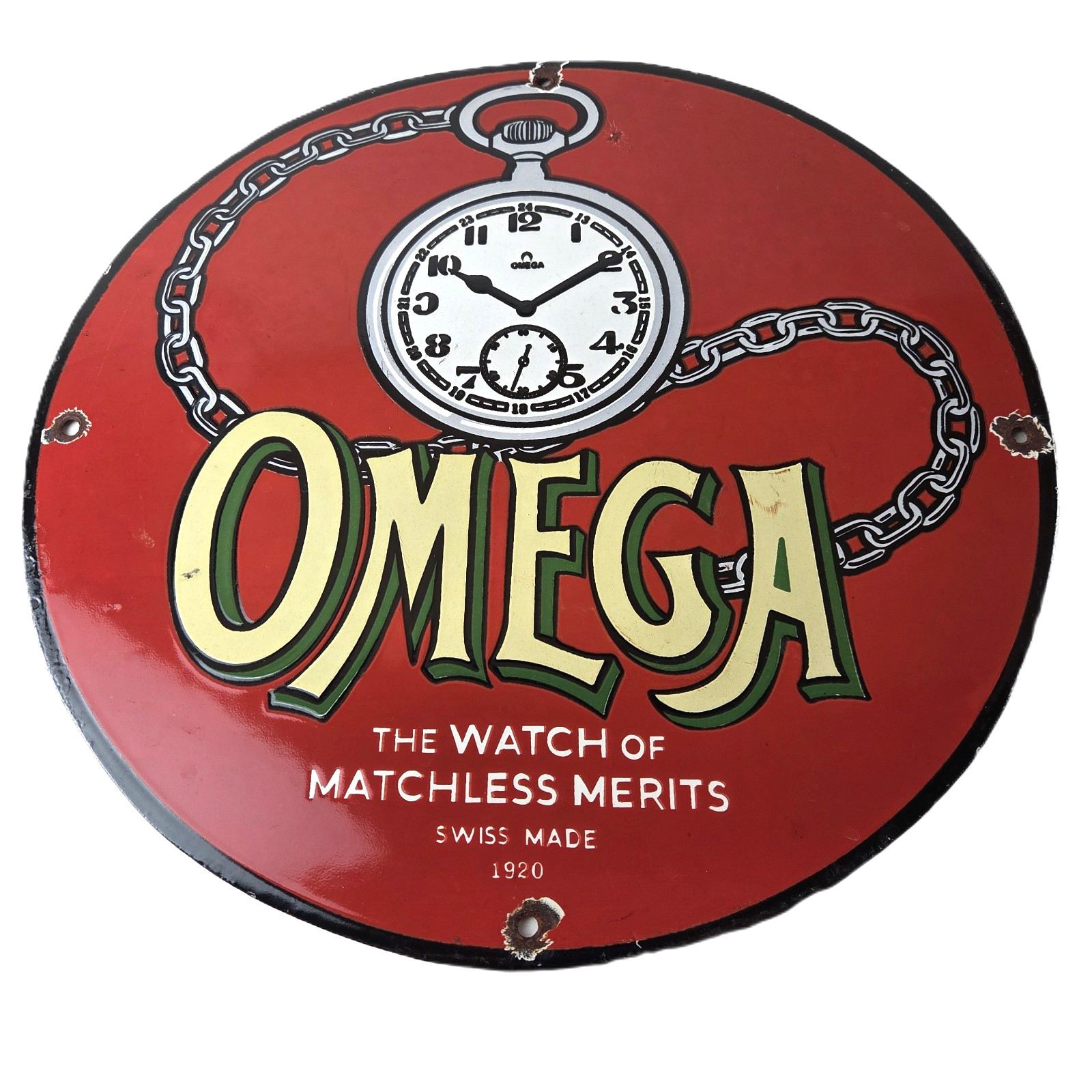 Vintage Omega Watches Porcelain Sign - Swiss Made Store Display Gas Pump Sign