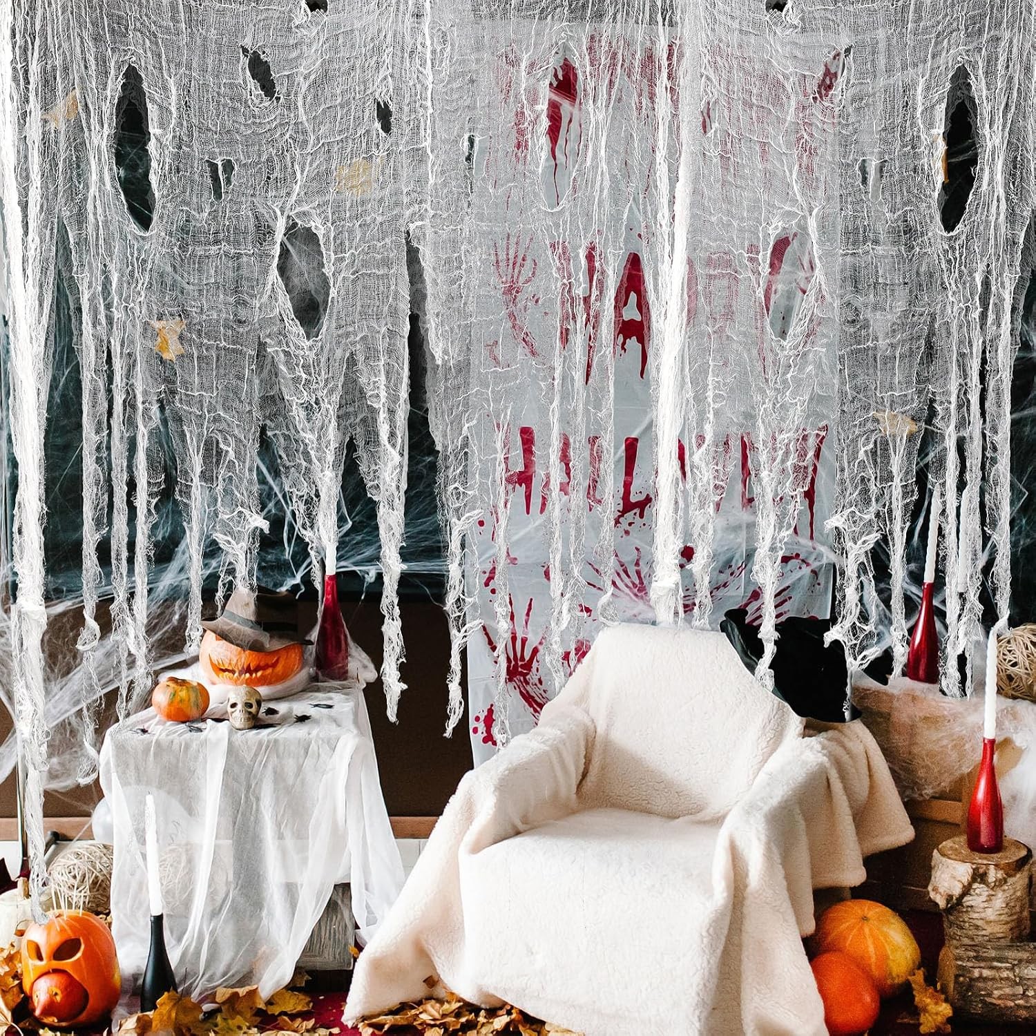 410 X 80 in Halloween Creepy Cloth for Yard and Outdoor Decorations,White