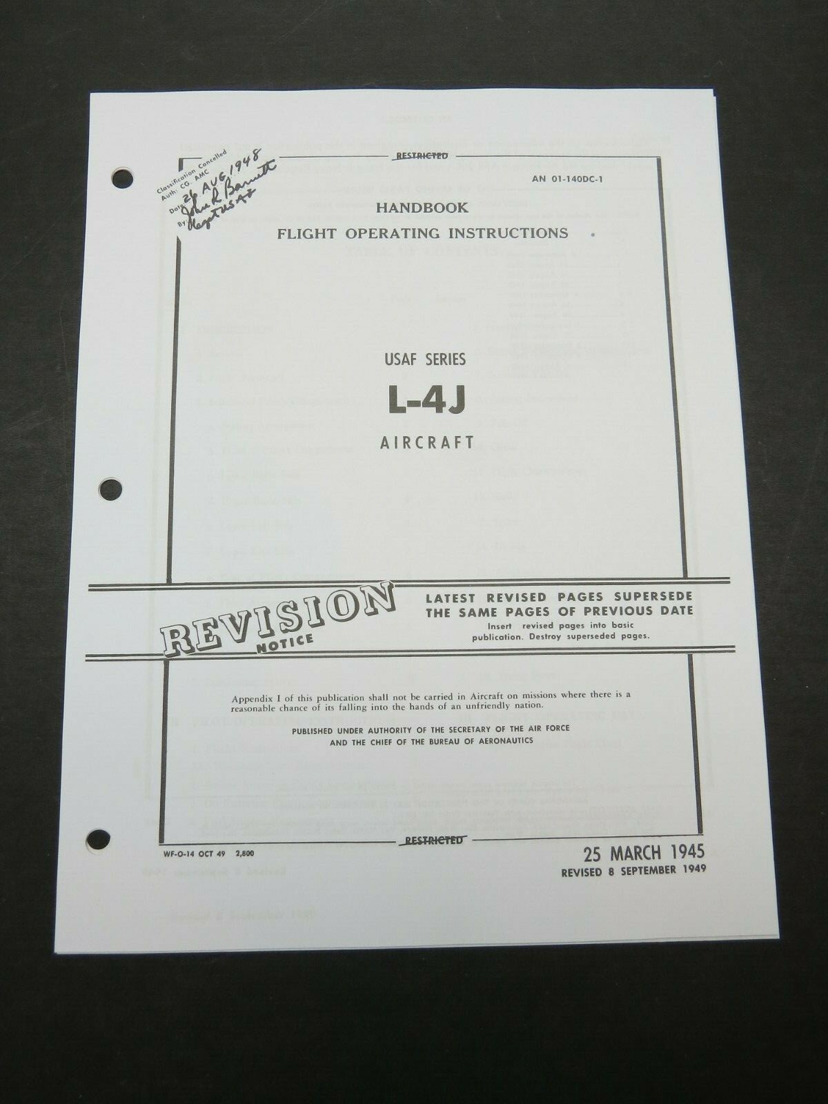 1945-49 AAF - AF Piper L-4 L-4J Cub Pilot's Aircraft Flight Operating Manual
