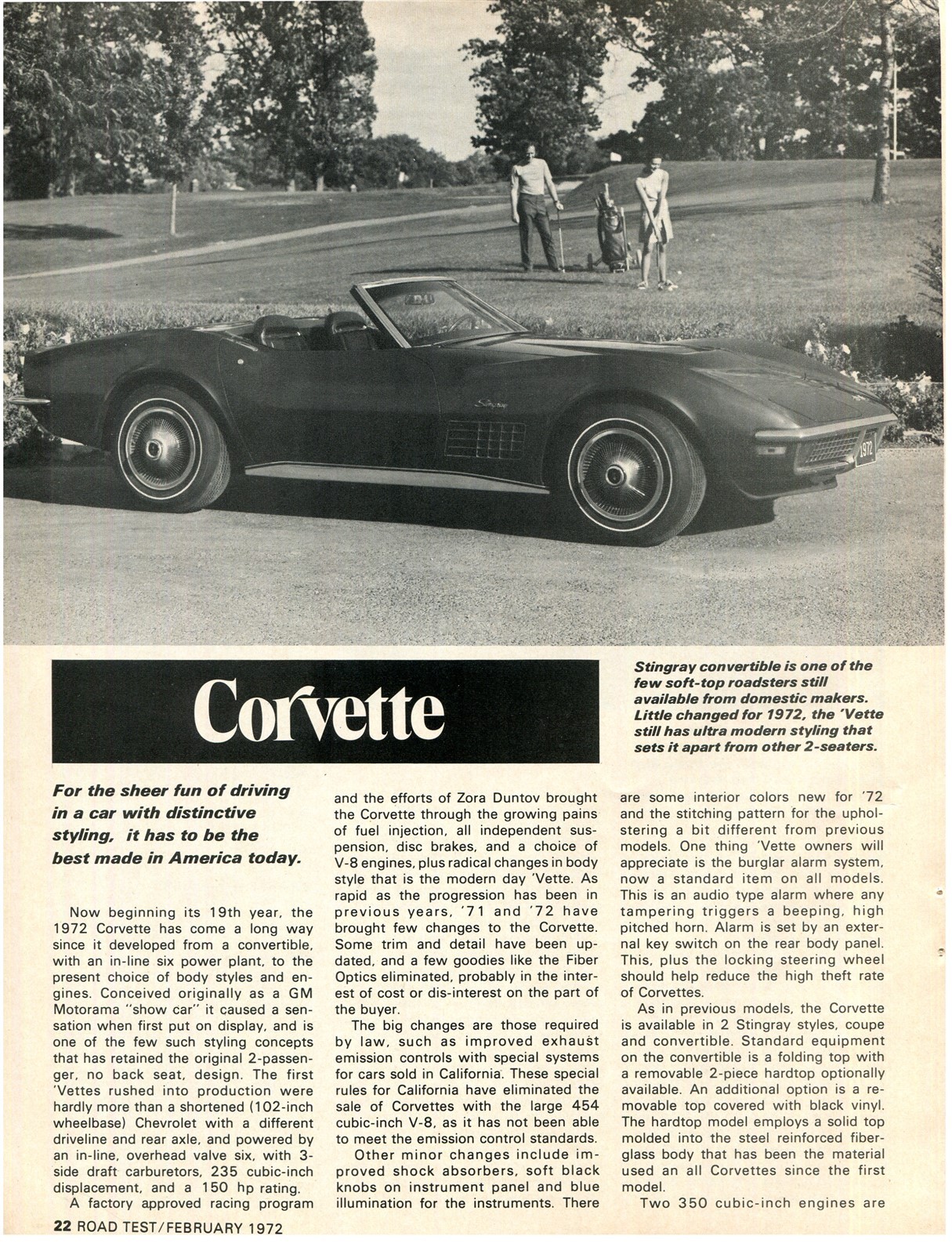 1972 CHEVROLET CORVETTE INTRODUCTION 2 PG ARTICLE