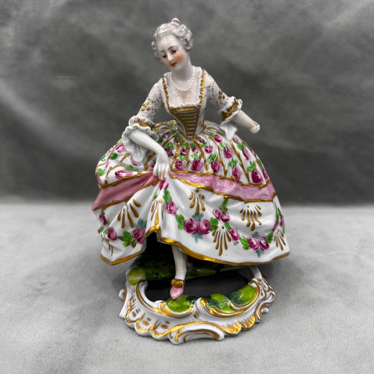 Vintage Volkstedt Porcelain Figurine Lady in Rococo Dress Hand Painted Gilt Blue