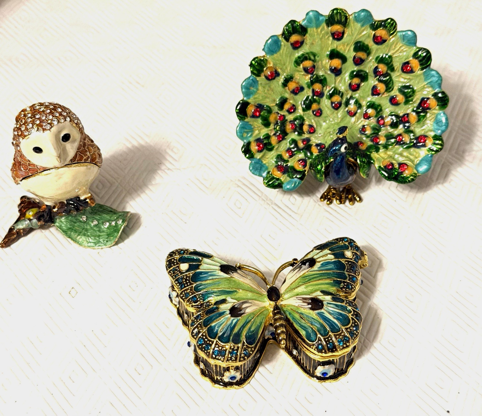 Bejeweled Small Enamel Hinged Trinket Box Lot Owl Butterfly Peacock 3 pc