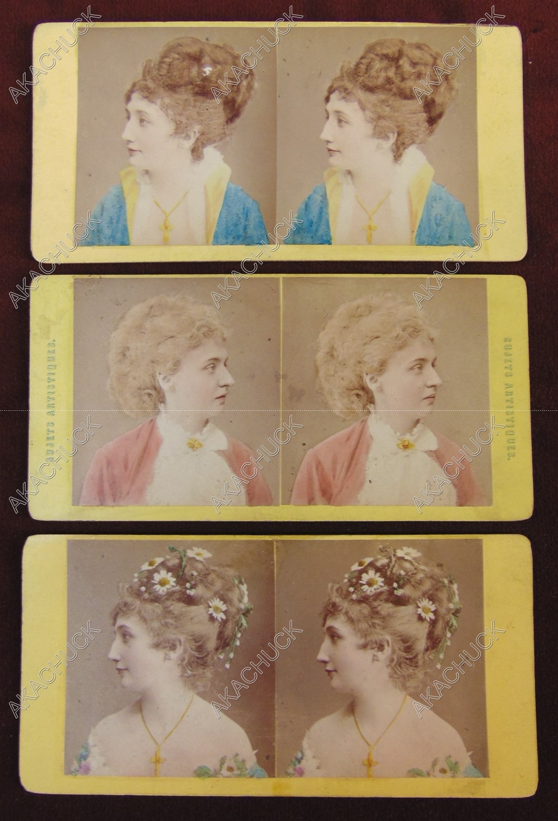 3 French Stereoview SUJET ARTISTIQUES 19th Century Stage Actresses PORTRAIT Tint
