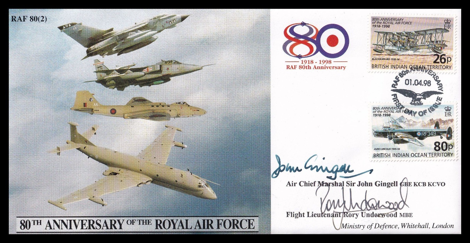 ACM SIR JOHN GINGELL & RORY UNDERWOOD Signed RAF CC42 80th Anniversary Cover