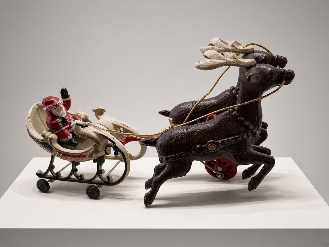Vintage Cast Iron Santa Sleigh And 2 Reindeer On Wheels Pull Toy Hubley Style