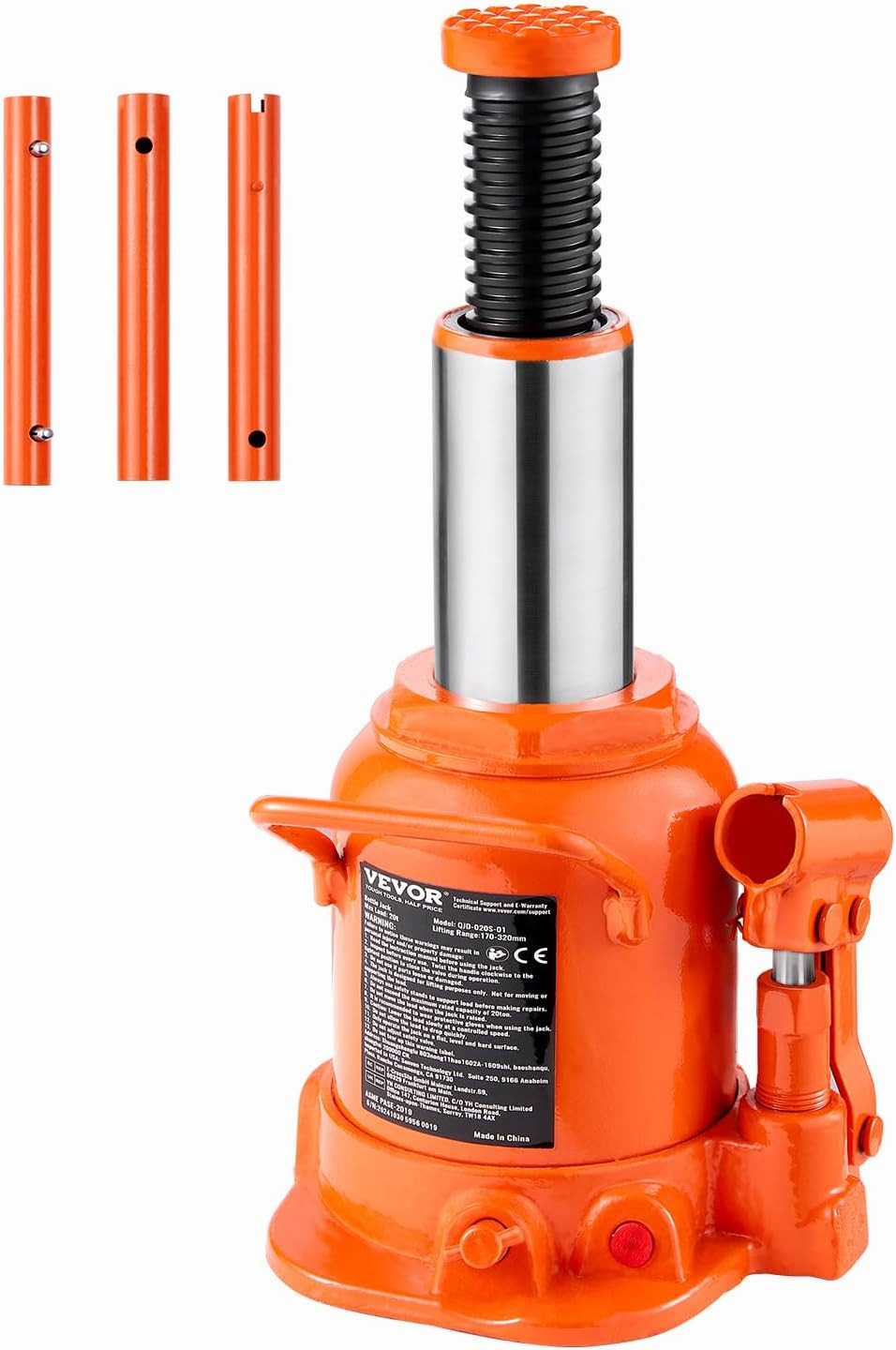 Hydraulic Bottle Jack, 20 Ton/44092 Lbs Low Profile Welded Bottle Jack with 6.69