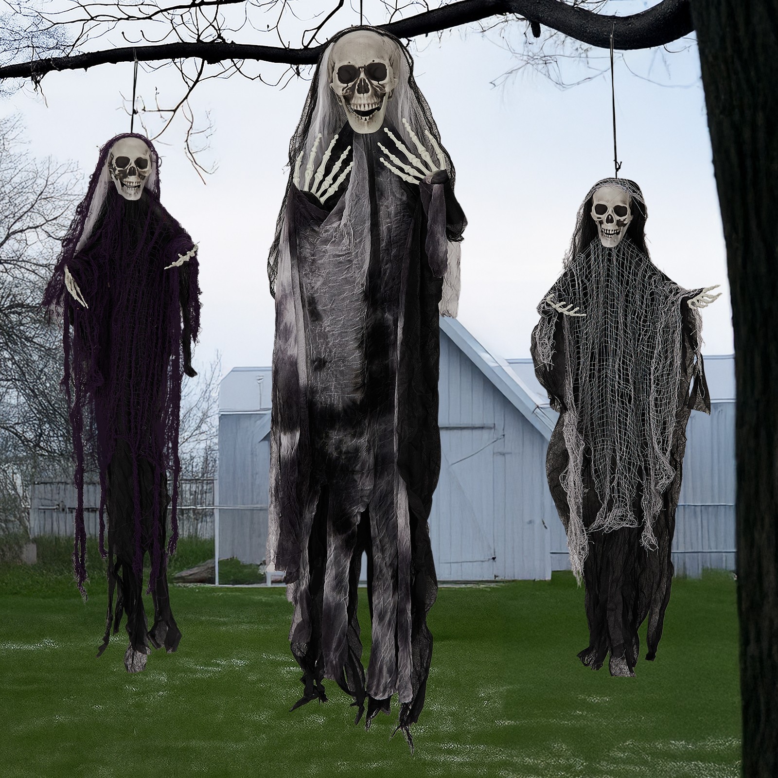 3 Hanging Halloween Skeleton Ghosts Grim Reapers Halloween Outdoor Decorations