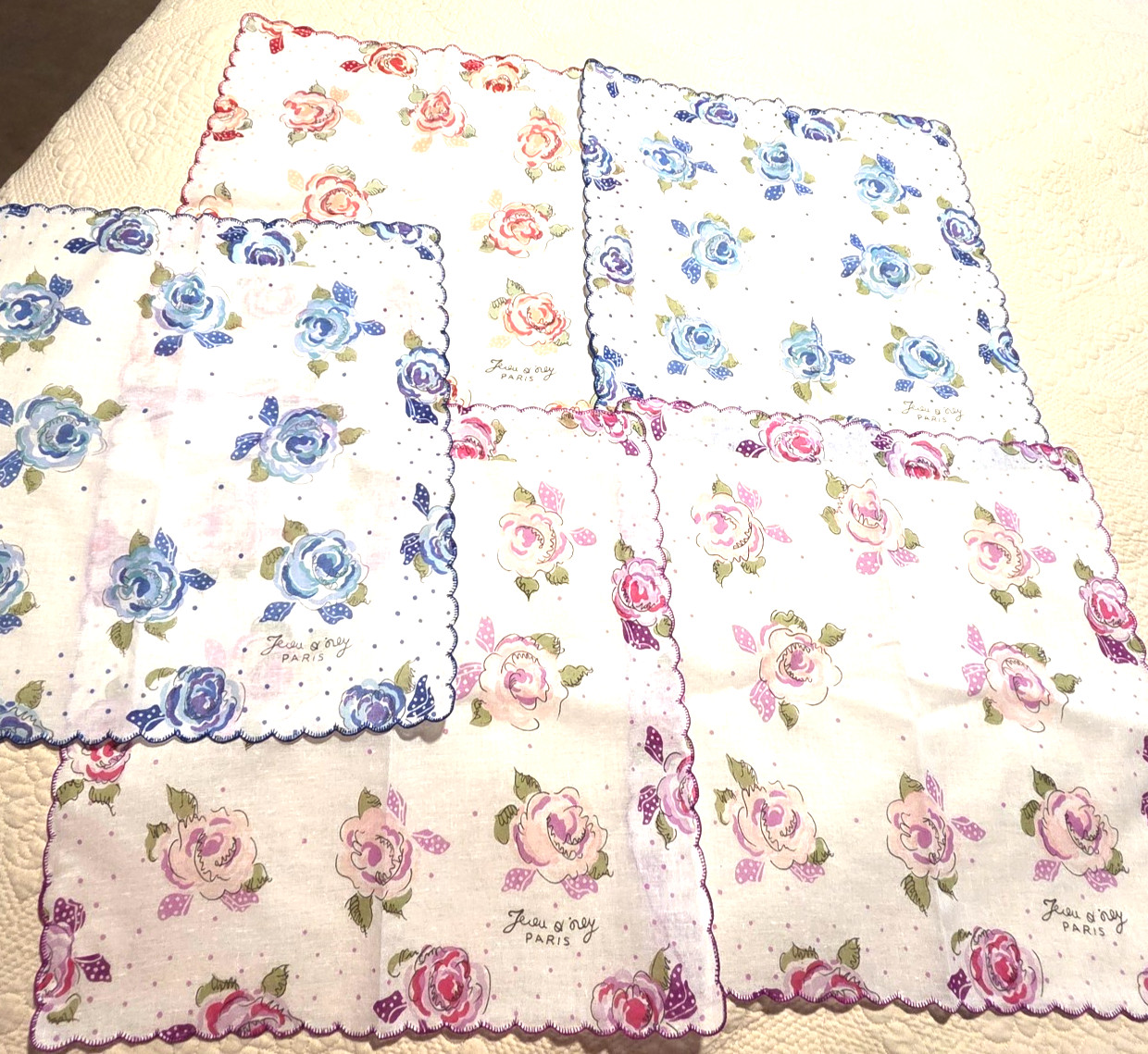 5 Vintage Jean d'Orly Handkerchiefs Stitched Edges Rose Design