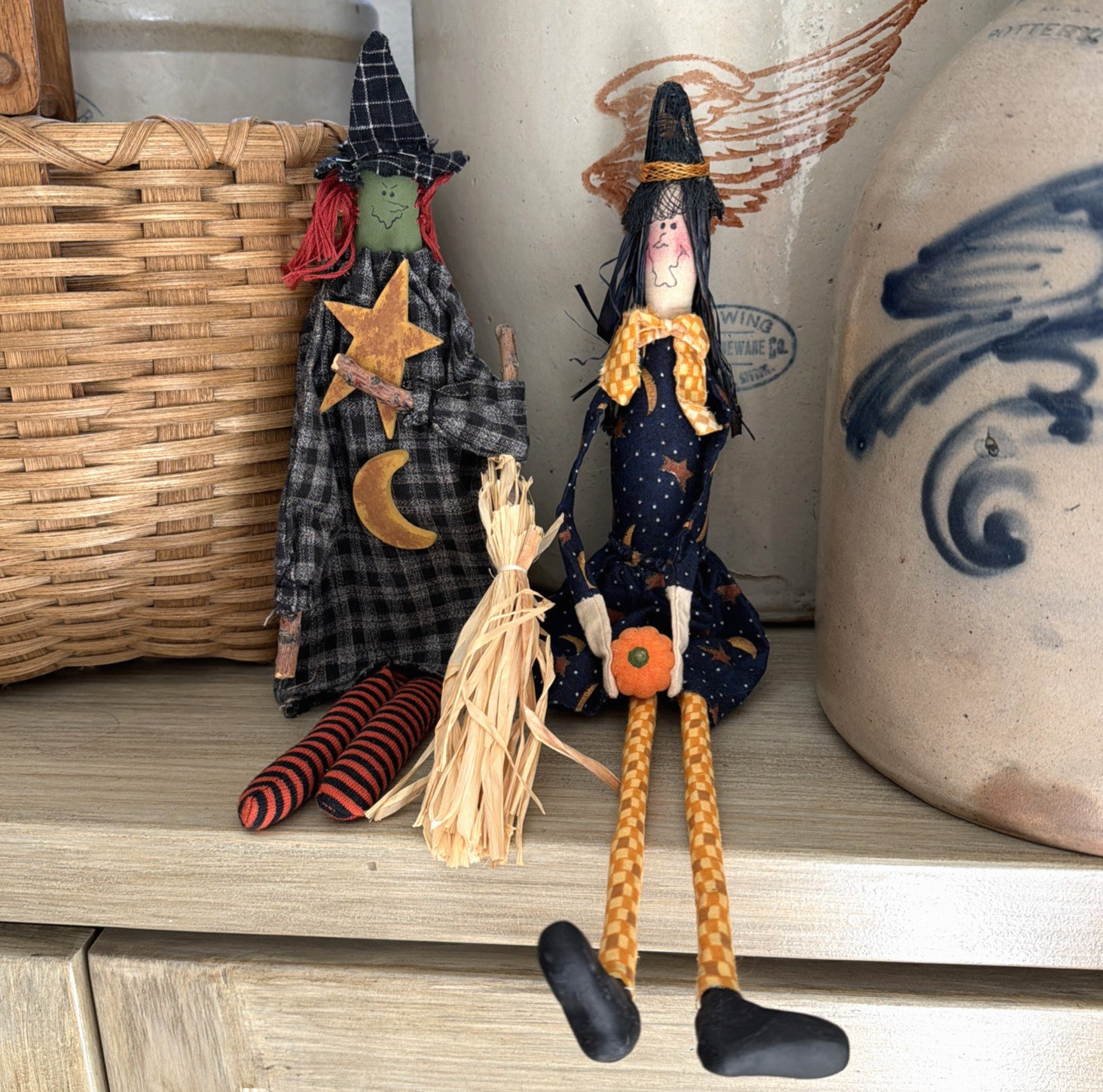 VTG Primitive Folk Art Halloween Witch Dolls Pair Fabric Shelf Sitters Handmade
