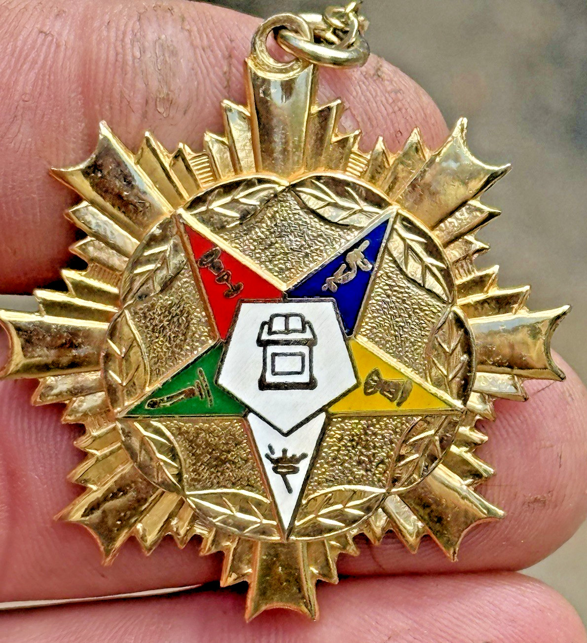 Vintage Order of the Eastern Star Necklace Chain Pendant Gold Tone Enameled
