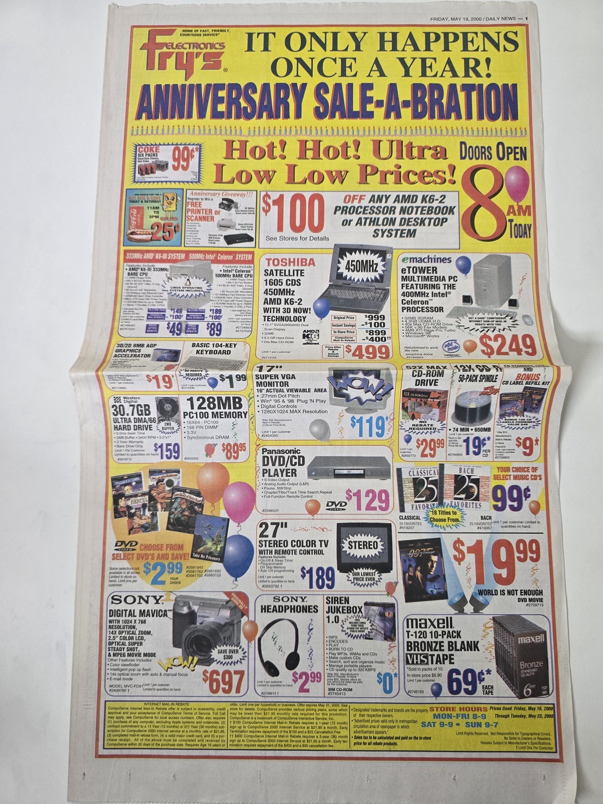 2000 Fry's Anniversary Ad Apple iMac BeOS Linux PC Games 22in Foldout Ad