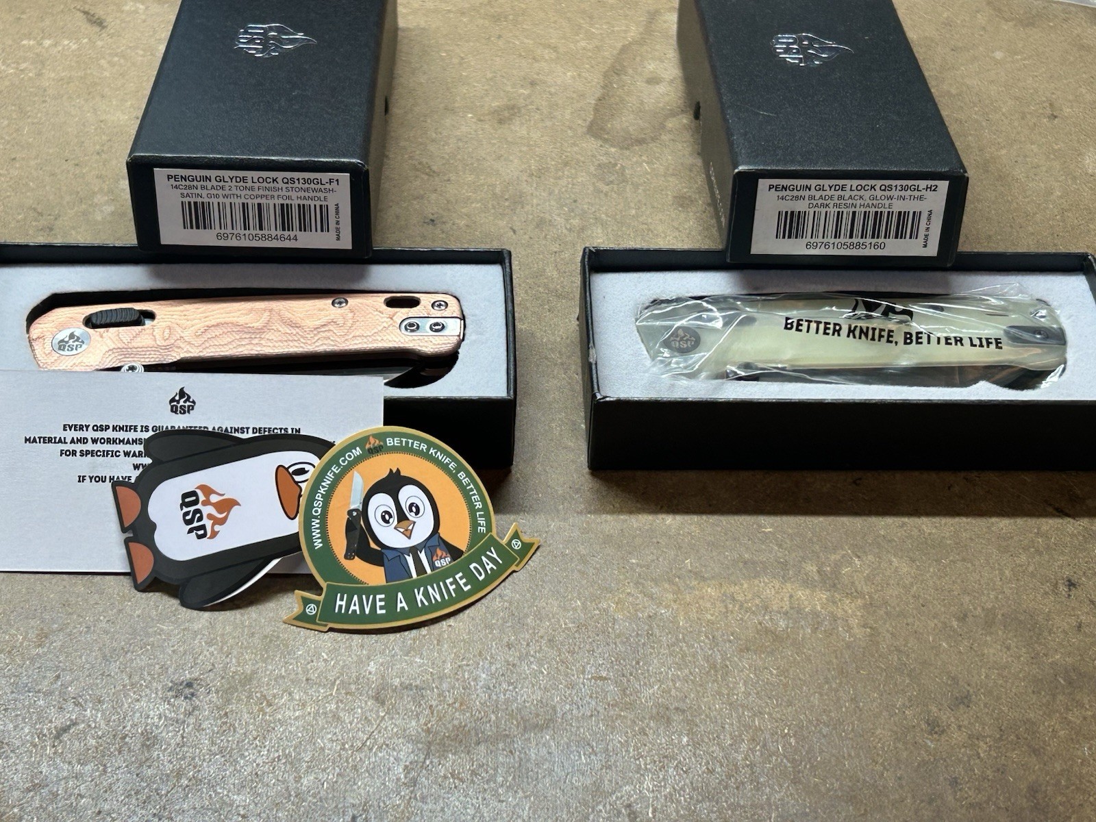 Twin Pack QSP Penguin Glyde Lock Knife Glow Resin & Copper Foil (14C28N)