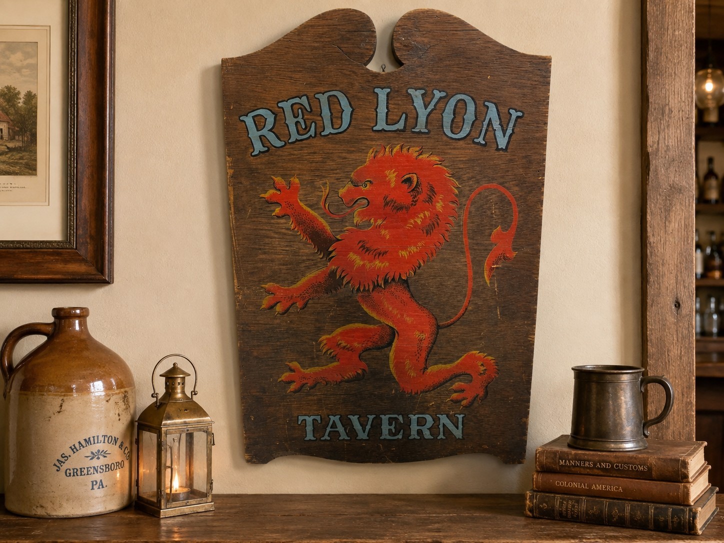 Vintage Yorkraft Red Lyon Tavern Wood Sign 1962 Colonial Pub Bar Americana