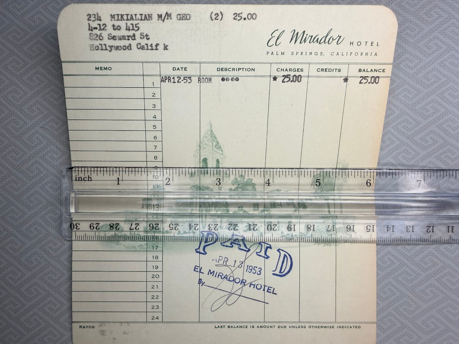 Vintage 1953 El Mirador Hotel Palm Springs CA Paid Hotel Bill Receipt Ephemera