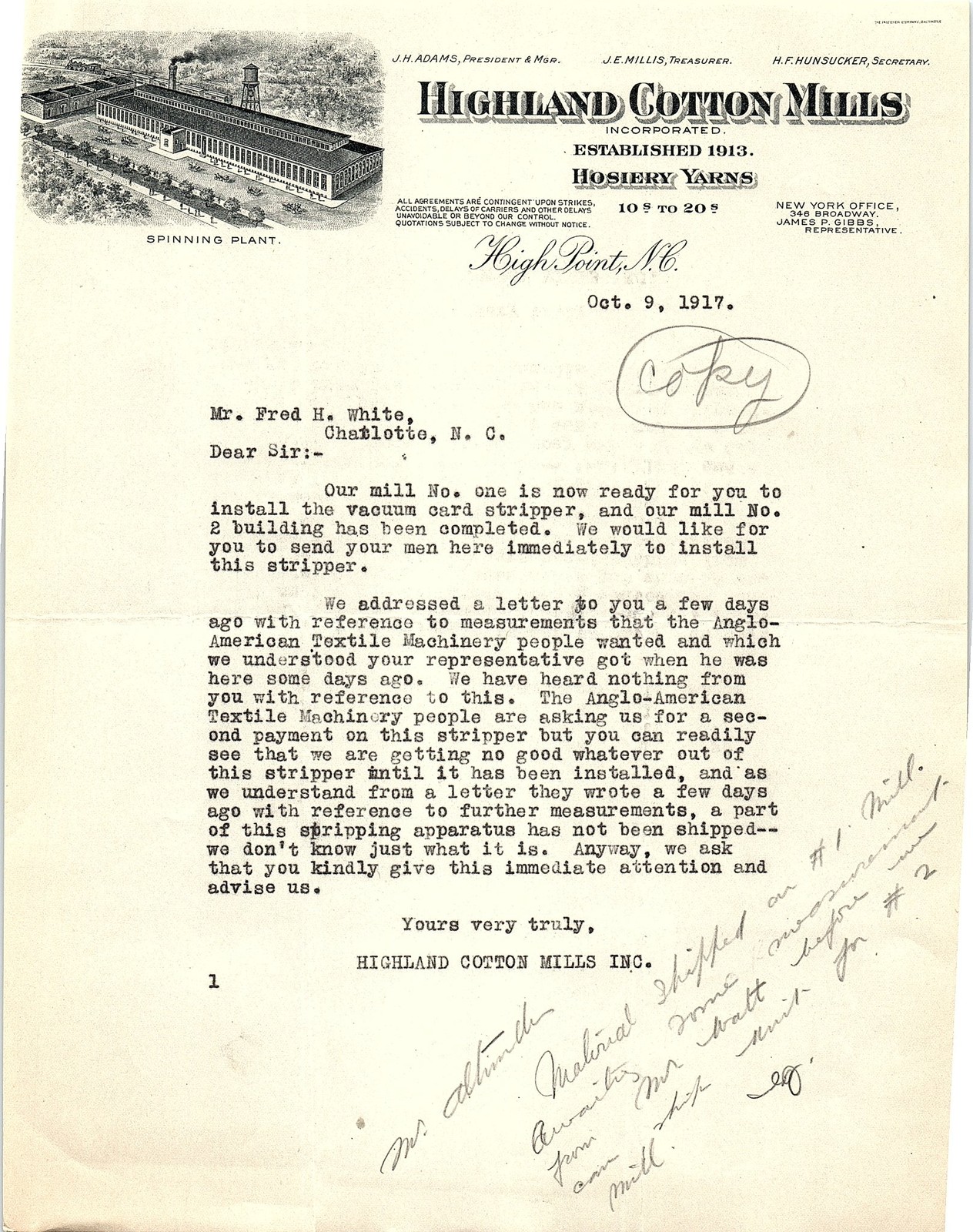 1917 Highland Cotton Mills, High Point NC, textile letter
